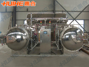 展示精美三鍋并聯水浴式高溫高壓殺菌釜實拍照片,以及設備參數、特點、原理等